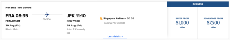 Krisflyer Praemienflug Singapore Airlines Business Class Frankfurt New York