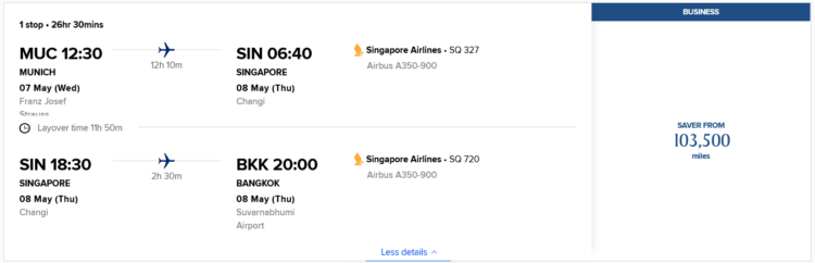 Krisflyer Praemienflug Singapore Airlines Business Class Muenchen Bangkok