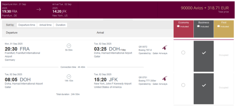 Privilege Club Praemienflug Qatar Business Class Frankfurt Doha New York