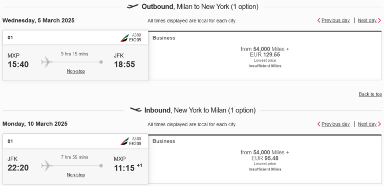 Skywards Praemienflug Emirates Business Class Mailand New York