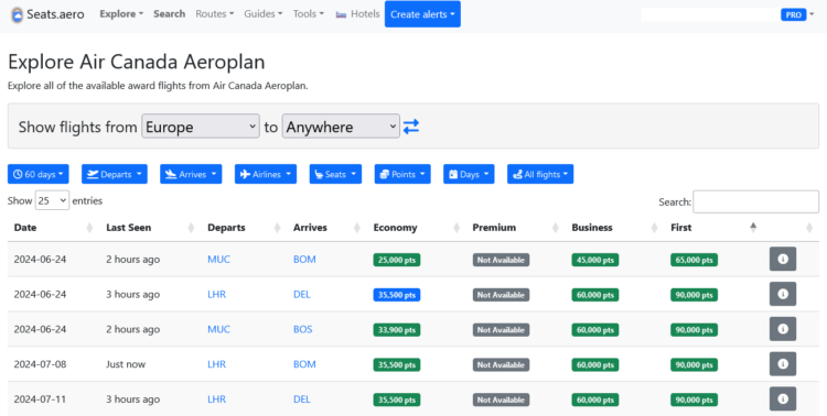Seats.aero Explore Aeroplan Europa Anywhere