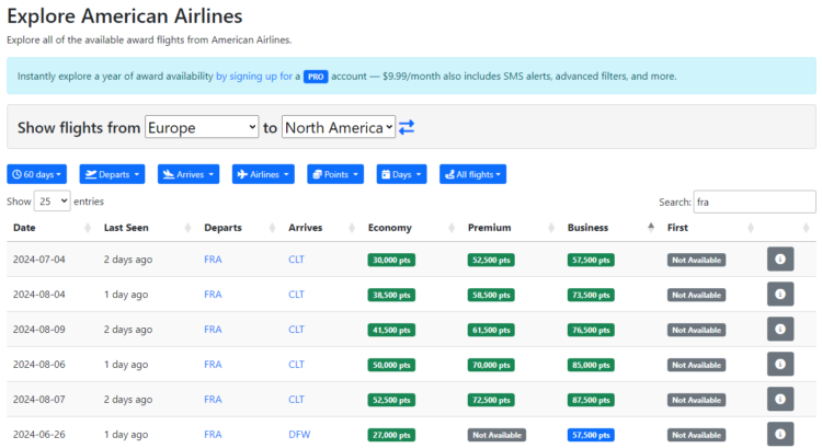 Seats.aero Explore American Airlines Advantage Europa Nordamerika