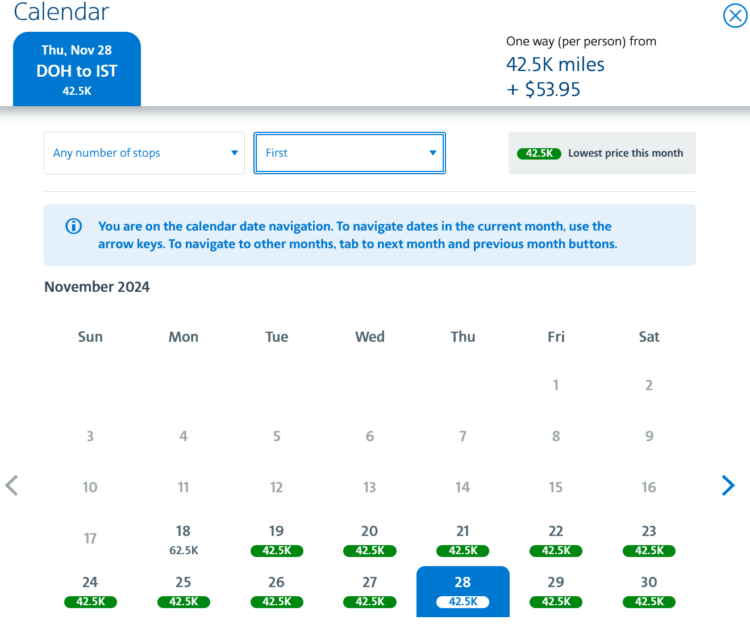 Aadvantage Kalender Qatar Airways First Class Doha Istanbul