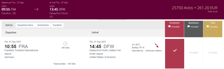 Privilege Club Praemienflug American Airlines Economy Class Frankfurt Dallas