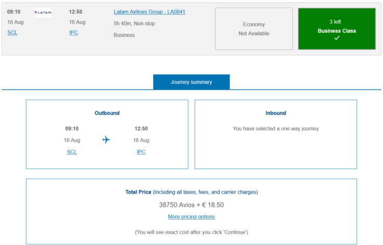 Executive Club Praemienflug Latam Business Class Santiago Osterinsel