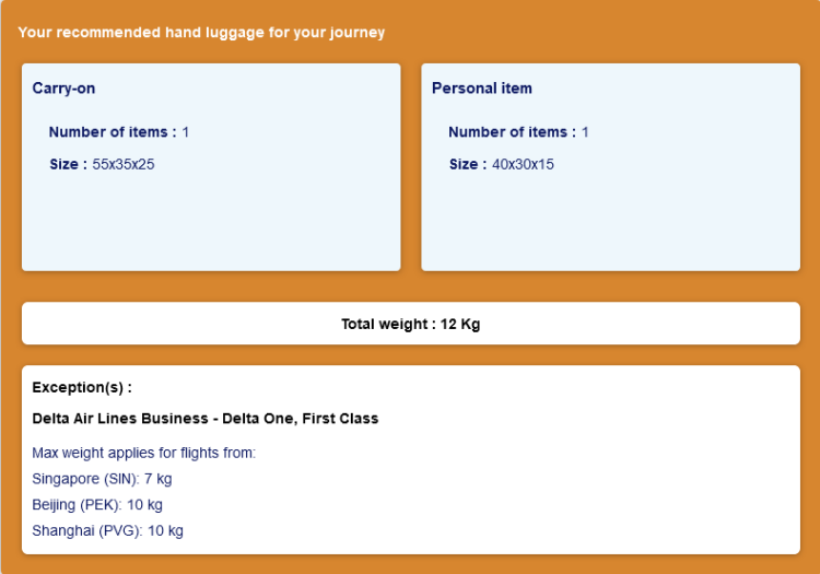 Skyteam Carry On Calculator Ergebnis