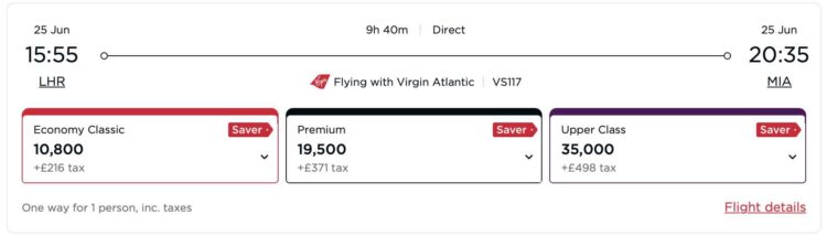 Virgin Atlantic Reward Seat Checker Juni 2025 London Miami Beispielbuchung