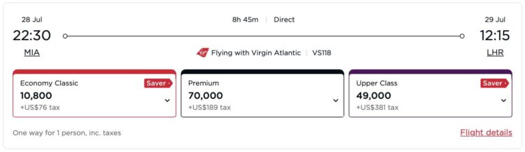 Virgin Atlantic Reward Seat Checker Juni 2025 Miami London Beispielbuchung