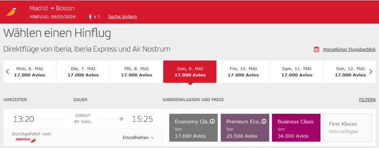 Iberia Plus Praemienflug Iberia Business Class Madrid Boston