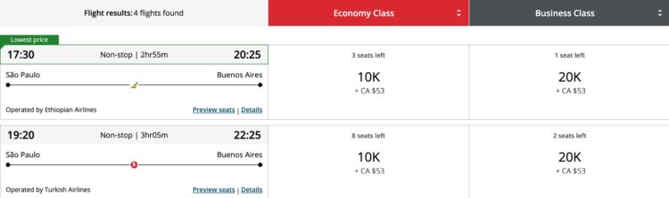 Aeroplan Praemienflug Ethiopian Business Class Sao Paulo Buenos Aires