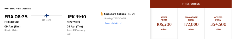 Krisflyer Praemienflug Singapore Airlines First Class Frankfurt New York