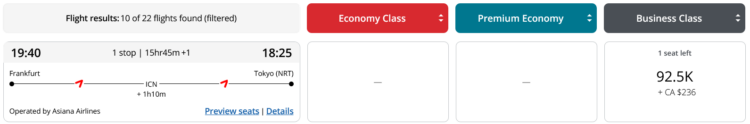 Aeroplan Praemienflug Asiana Business Class Frankfurt Tokio