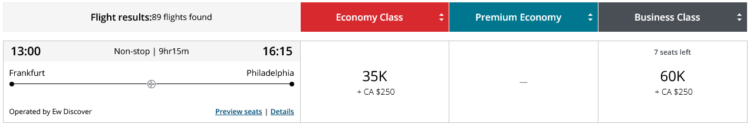 Aeroplan Praemienflug Discover Airlines Frankfurt Philadelphia