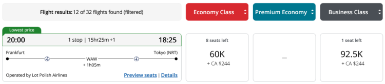 Aeroplan Praemienflug Lot Business Class Frankfurt Warschau Tokio