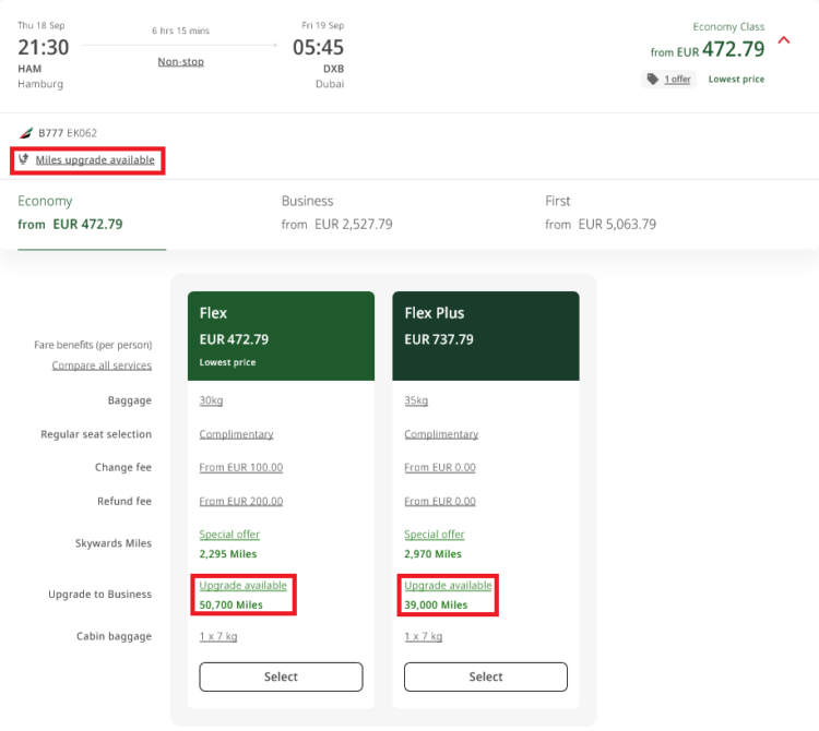 Emirates Skywards Upgrade Available Hamburg Dubai
