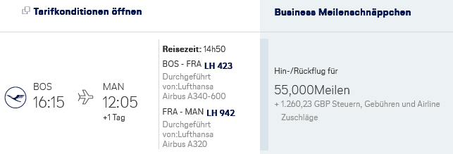 Lufthansa Meilenschnaeppchen Business Class Manchester Frankfurt Boston