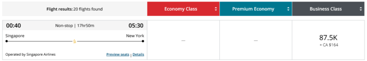 Aeroplan Praemienflug Singapore Airlines Business Class Singapur New York Ewr