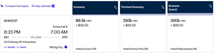 Mileage Plus Praemienflug United Business Class Houston Sydney