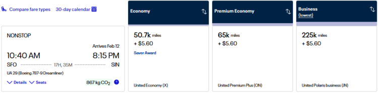 Mileage Plus Praemienflug United Business Class San Francisco Singapur