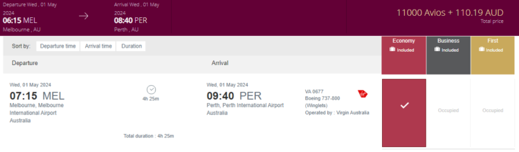 Privilege Club Praemienflug Virgin Australia Economy Class Melbourne Perth