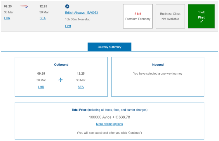 Executive Club Praemienflug British Airways First Class London Seattle