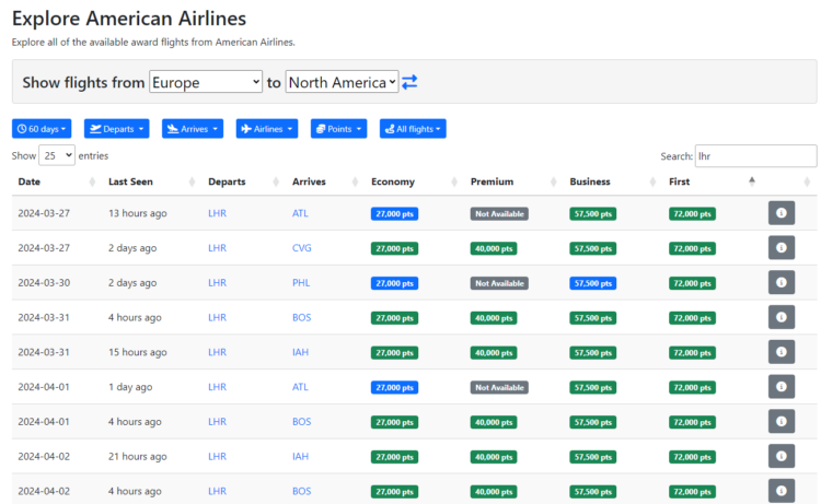 Seats Aero Verfuegbarkeiten Aadvantage London