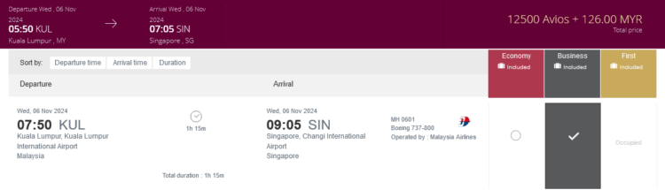 Privilege Club Praemienflug Malaysia Airlines Business Class Kuala Lumpur Singapur