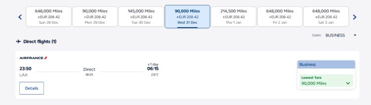 Flying Blue Praemienflug Air France Business Class Los Angeles Papeete Dezember 2025