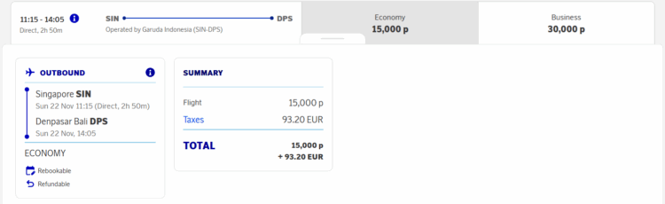Eurobonus Praemienflug Garuda Indonesia Economy Class Singapur Denpasar