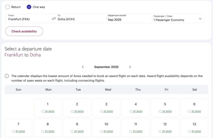 Qatar Airways Privilege Club Award Flight Finder Kalenderanssicht Economy Class Frankfurt Doha