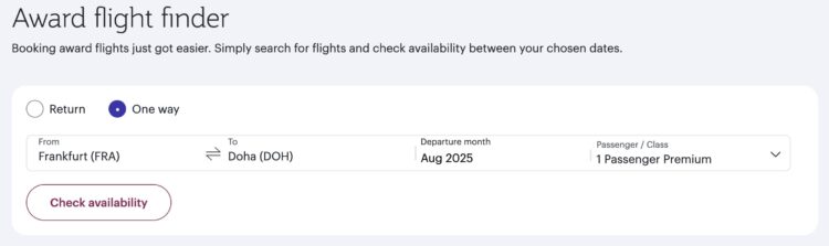 Qatar Airways Privilege Club Award Flight Finder Suchmaske