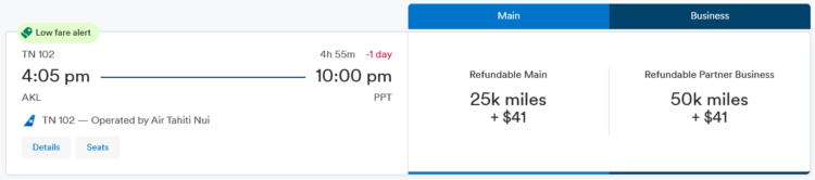 Mileage Plan Praemienflug Air Tahiti Nui Business Class Auckland Papeete