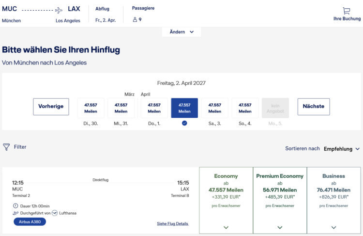 Miles And More Praemienflug Lufthansa Business Class Muenchen Los Angeles 9 Personen