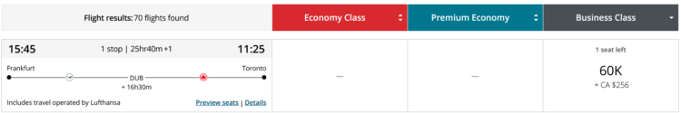 Aeroplan Pramienflug Air Canada Business Class Frankfurt Dublin Toronto