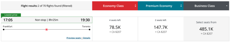 Aeroplan Pramienflug Air Canada Business Class Frankfurt Toronto