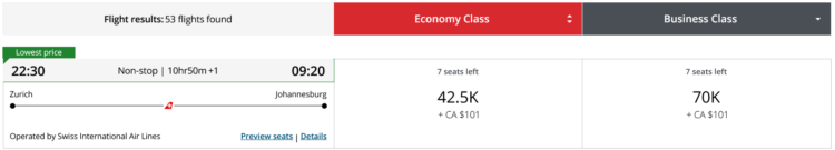 Aeroplan Pramienflug Swiss Business Class Zuerich Johannesburg