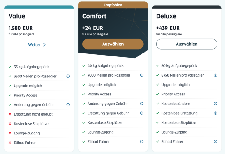 Etihad Beispiel Buchung Business Class Tarife Screenshot
