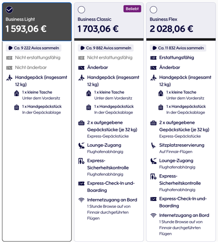 Finnair Beispiel Buchung Business Class Tarife Screenshot