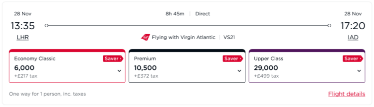 Flying Club Praemienflug Virgin Atlantic Business Class London Washington