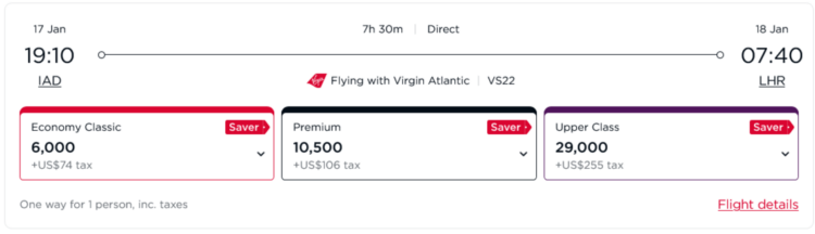 Flying Club Praemienflug Virgin Atlantic Business Class Washington London