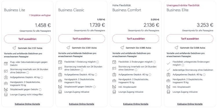 Qatar Beispiel Buchung Business Class Tarife Screenshot