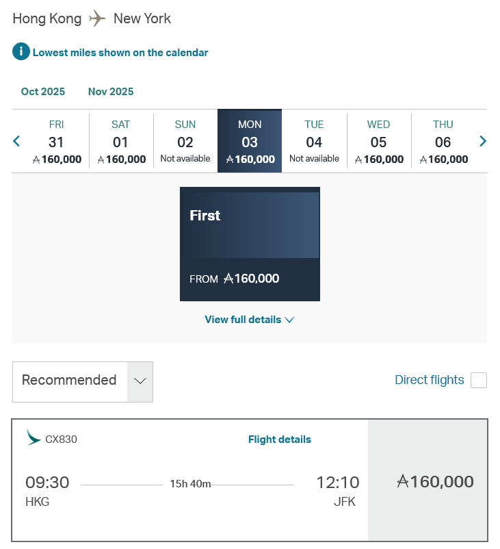 Asia Miles Cathay Pacific First Class Verfuegbarkeiten Oktober 2025