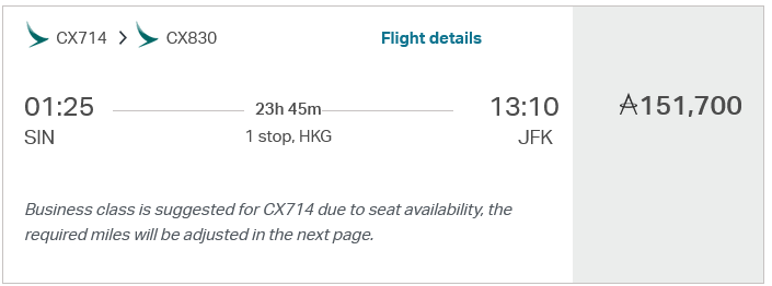 Asia Miles Praemienflug Cathay Pacific First Class Singapur Hongkong New York