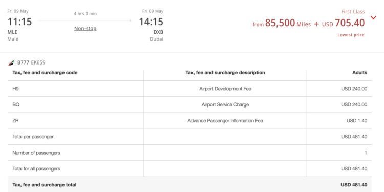 Emirates Male Dubai Flugsteuern Beispiel First Class