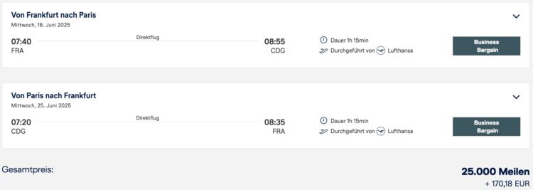 Lufthansa Meilenschnaeppchen Frankfurt Paris Business Class Mai 2025