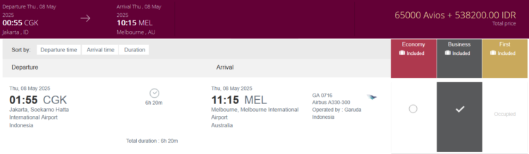 Privilege Club Praemienflug Garuda Indonesia Business Class Jakarta Melbourne