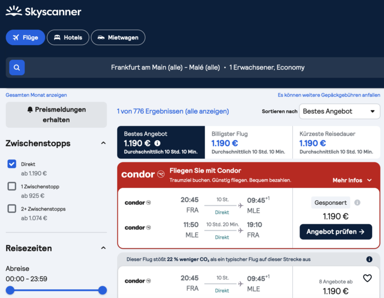 Skyscanner Suche Ergebnisliste