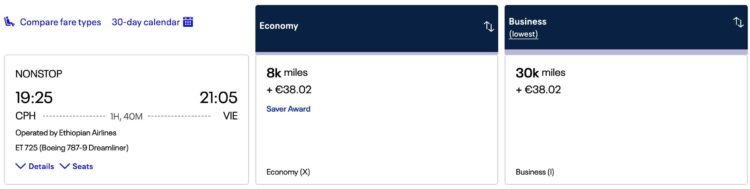 United Mileageplus Ethiopian Airlines Business Class Wien Kopenhagen Juni 2026
