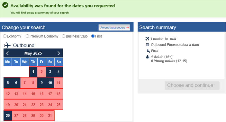 British Airways Club Availability Kalender Ergebnisse 2