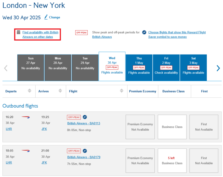 British Airways Club Hinweis Kalendersuche